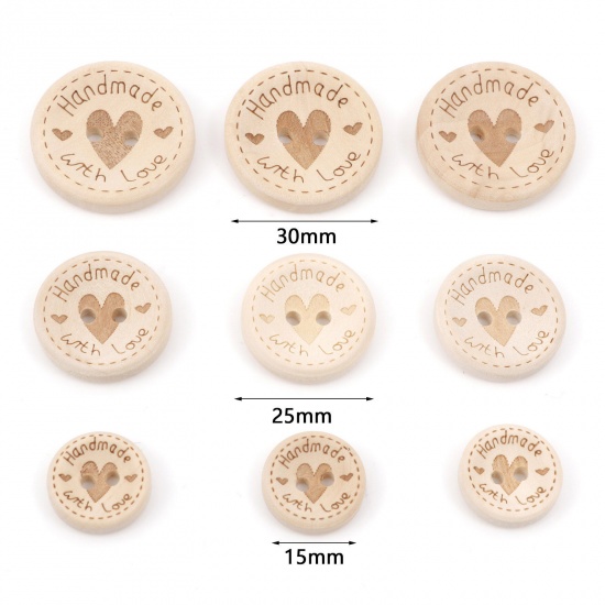 Picture of Wood Sewing Buttons Scrapbooking 2 Holes Round Natural Heart Message " Hand Made With Love "