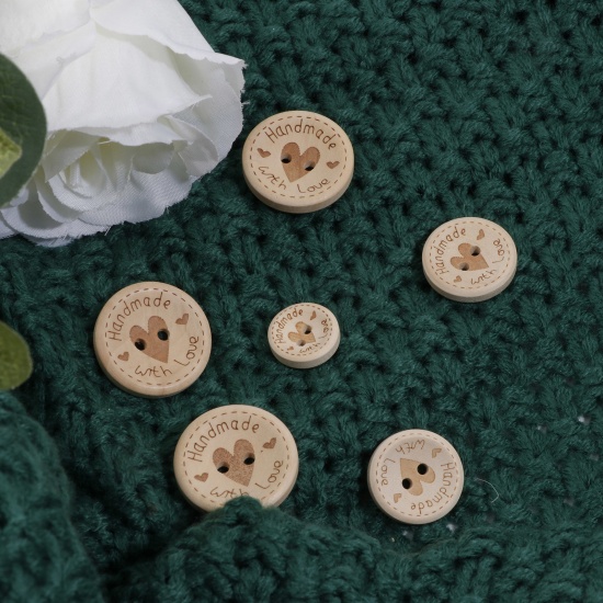 Picture of Wood Sewing Buttons Scrapbooking 2 Holes Round Natural Heart Message " Hand Made With Love "