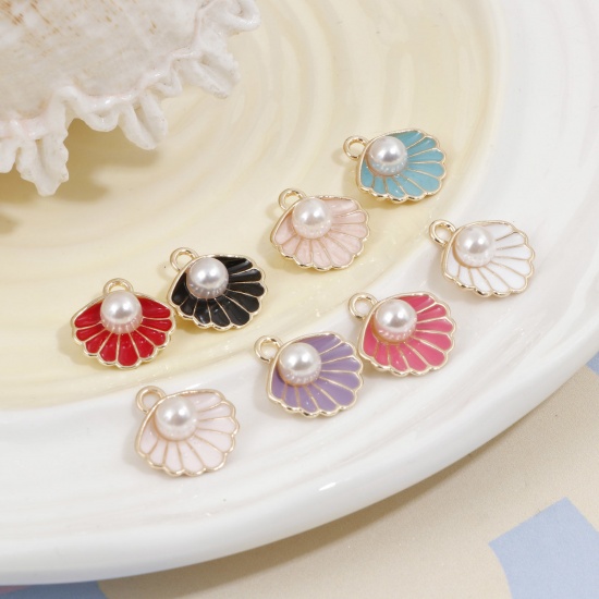 Picture of Zinc Based Alloy Enamel Charms Gold Plated Multicolor Shell Imitation Pearl 17mm x 15mm