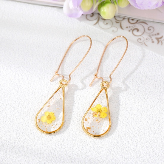 Picture of Handmade Resin Jewelry Real Flower Earrings Gold Plated Multicolor Drop Flower