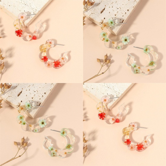 Picture of Handmade Resin Jewelry Real Flower Hoop Earrings Multicolor C Shape Flower