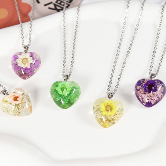 Picture of Stainless Steel Handmade Resin Jewelry Real Flower Pendant Necklace Silver Tone Multicolor Heart Flower 45cm(17 6/8") long