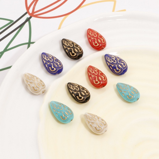 Picture of Acrylic Retro Beads For DIY Charm Jewelry Making Multicolor Drop Carved Pattern About 18mm x 11mm