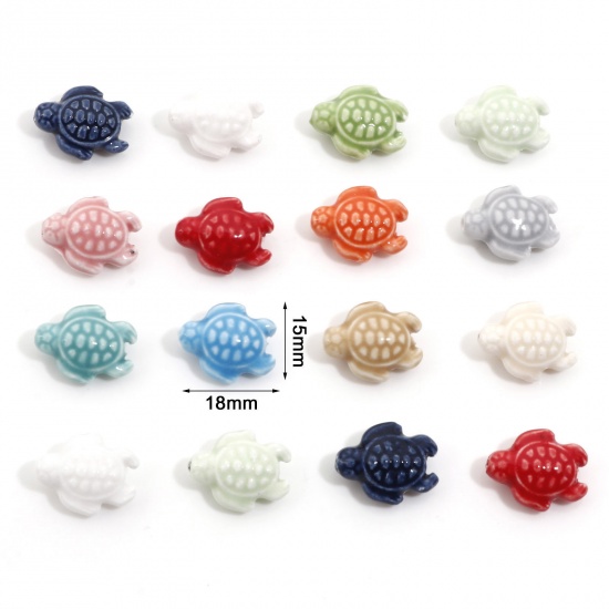 Bild von Keramik Ozean Schmuck Perlen für die Herstellung von DIY-Charme-Schmuck Schildkröte Bunt Gefärbt ca. 18mm x 15mm, Loch:ca. 1.6mm, 34.5cm lang, 1 Strang (ca. 20 Stück/Strang)