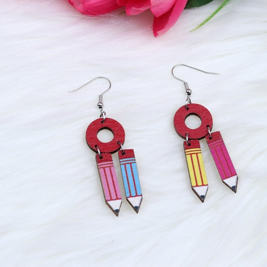 Picture of Natural Wood College Jewelry Earrings Silver Tone Multicolor Pencil Heart