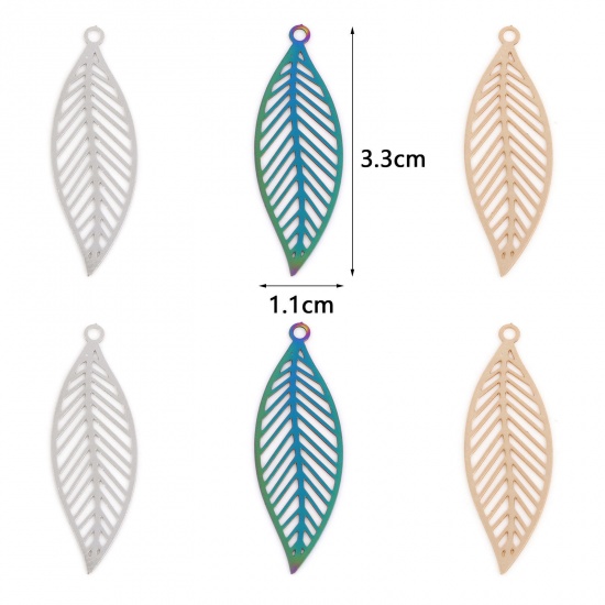 Picture of Iron Based Alloy Filigree Stamping Pendants Multicolor Leaf 3.3cm x 1.1cm