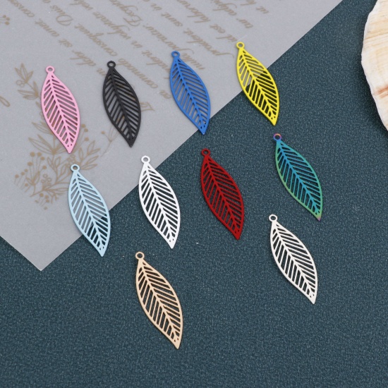 Picture of Iron Based Alloy Filigree Stamping Pendants Multicolor Leaf 3.3cm x 1.1cm