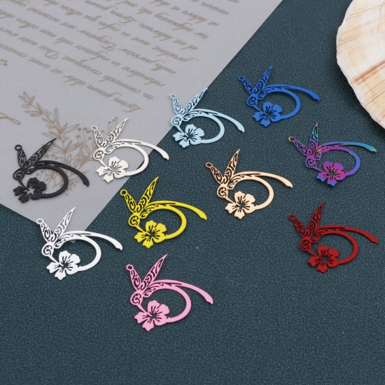 Picture of 10 PCs Iron Based Alloy Filigree Stamping Charms Multicolor Flower Hummingbird 27mm x 26mm