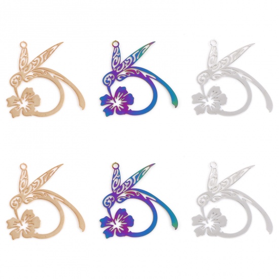 Picture of 10 PCs Iron Based Alloy Filigree Stamping Charms Multicolor Flower Hummingbird 27mm x 26mm