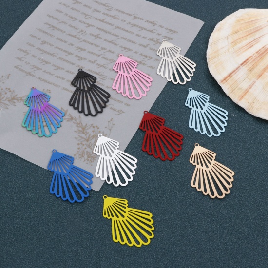 Picture of Iron Based Alloy Filigree Stamping Pendants Multicolor Fan-shaped 4.5cm x 3cm