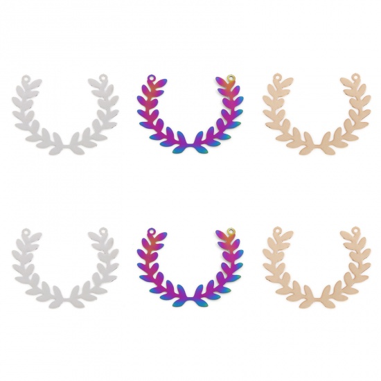 Изображение Железный Сплав(Без Кадмия) Филигранные цветок железа Коннекторы фурнитуры Ветка оливы Разноцветный Лист С узором 3.7см x 3см, 10 ШТ