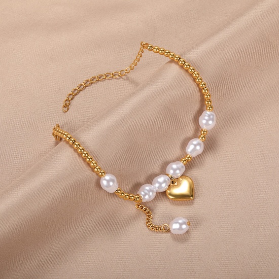 Bild von Umweltfreundlich 304 Edelstahl Stilvoll Schmuckkette Kette Armband 18K Gold plattiert Herz Imitat Perle 17.5cm lang, 1 Strang