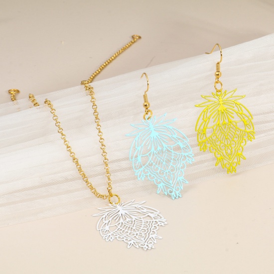 Picture of Iron Based Alloy Filigree Stamping Pendants Multicolor Leaf 3.8cm x 2.8cm