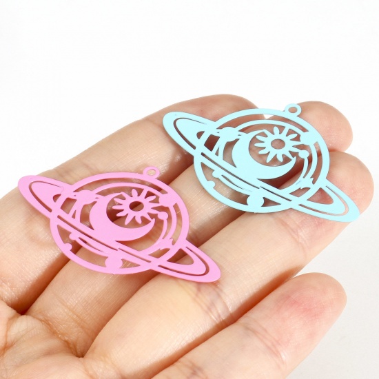 Picture of Iron Based Alloy Galaxy Filigree Stamping Pendants Multicolor Sun Moon 4.2cm x 2.6cm