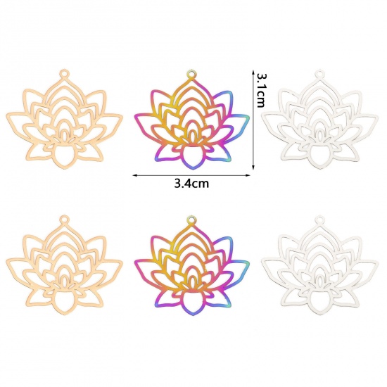 Picture of Iron Based Alloy Religious Filigree Stamping Pendants Multicolor Lotus Flower 3.4cm x 3.1cm