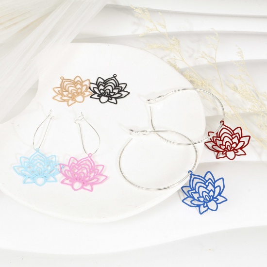 Picture of Iron Based Alloy Religious Filigree Stamping Pendants Multicolor Lotus Flower 3.4cm x 3.1cm