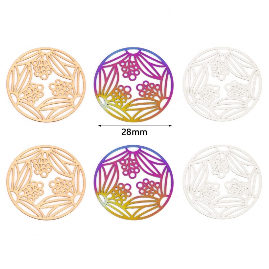 Immagine di Lega di Ferro Filigree Stamping Connettore Accessori Tondo Multicolore Foglia Disegno 28mm Dia, 10 Pz