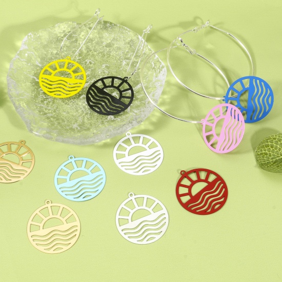 Picture of Iron Based Alloy Filigree Stamping Charms Multicolor Round Sun 29mm x 26mm