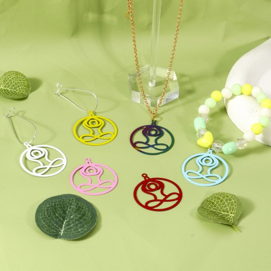 Picture of Iron Based Alloy Filigree Stamping Pendants Multicolor Yoga Round 3.5cm x 3cm
