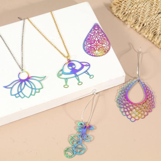 Picture of Iron Based Alloy Filigree Stamping Pendants Rainbow Color Plated Drop Bell