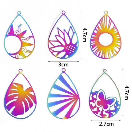 Picture of Iron Based Alloy Filigree Stamping Pendants Rainbow Color Plated Drop Monstera Leaf