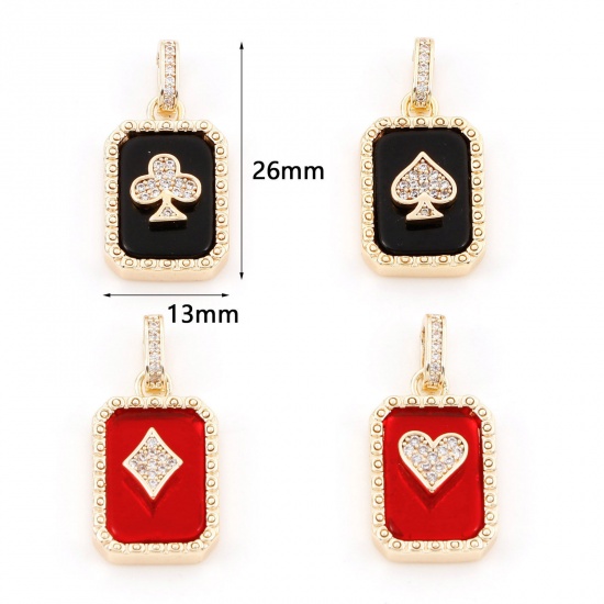 Picture of Brass Poker/ Paper Card/ Game Card Charm Pendant 18K Real Gold Plated Octagon With Resin Cabochons Clear Cubic Zirconia 26mm x 13mm