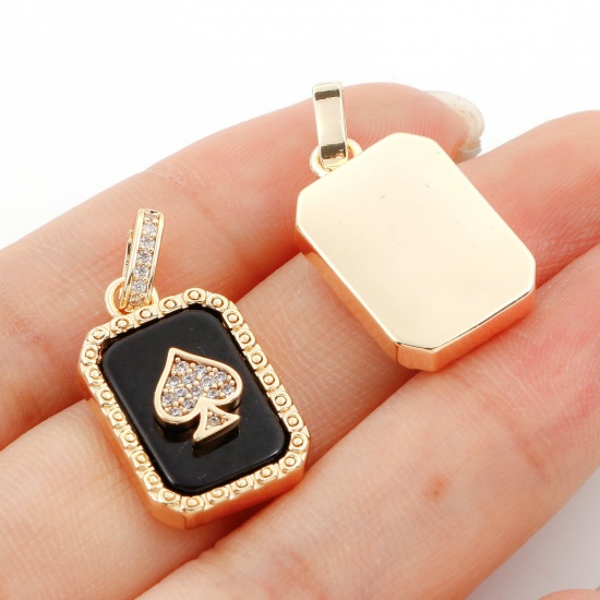 Picture of Brass Poker/ Paper Card/ Game Card Charm Pendant 18K Real Gold Plated Octagon With Resin Cabochons Clear Cubic Zirconia 26mm x 13mm