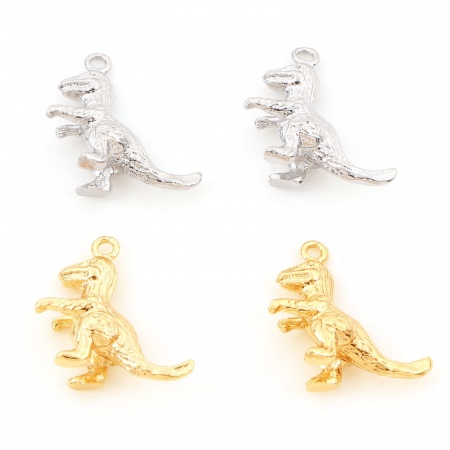 Breloques en Laiton Dinosaures Plaqué Or Véritable 3D 16mm x 16mm, 3 Pcs
