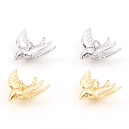 Ottone Charms Rondine Vero Oro Placcato Animale 3D 14mm x 13mm, 3 Pz