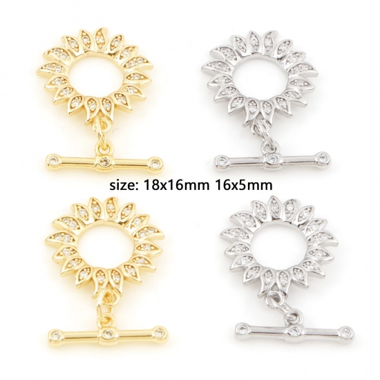Picture of Brass Toggle Clasps Sunflower Real Gold Plated Micro Pave Clear Cubic Zirconia 18mm x 16mm