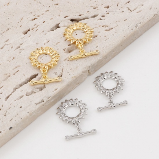 Picture of Brass Toggle Clasps Sunflower Real Gold Plated Micro Pave Clear Cubic Zirconia 18mm x 16mm