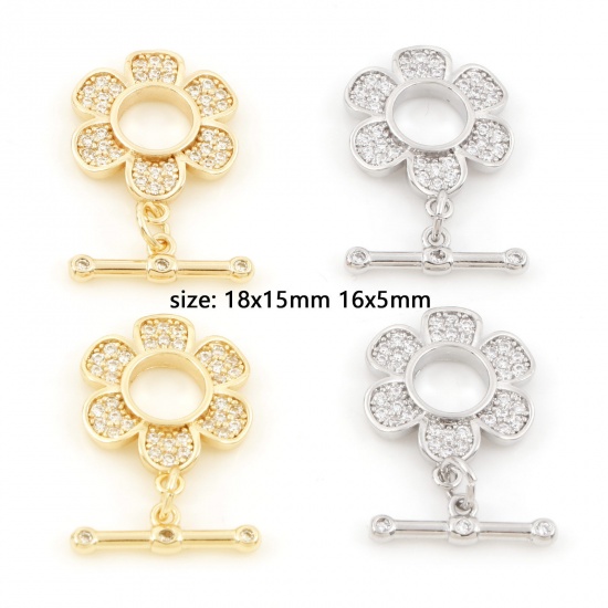 Picture of Brass Toggle Clasps Flower Real Gold Plated Micro Pave Clear Cubic Zirconia 18mm x 15mm                                                                                                                                                                       