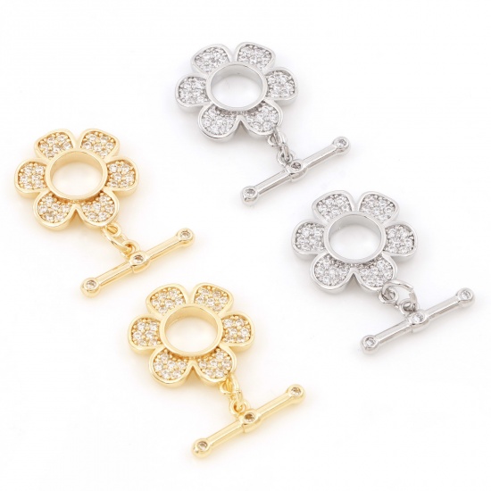 Picture of Brass Toggle Clasps Flower Real Gold Plated Micro Pave Clear Cubic Zirconia 18mm x 15mm                                                                                                                                                                       