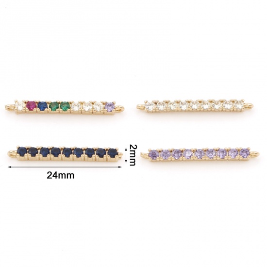 Picture of Brass Connectors Charms Pendants Gold Plated Strip Micro Pave Multicolour Cubic Zirconia 24mm x 2mm