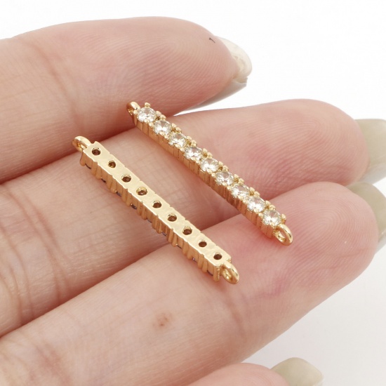 Picture of Brass Connectors Charms Pendants Gold Plated Strip Micro Pave Multicolour Cubic Zirconia 24mm x 2mm