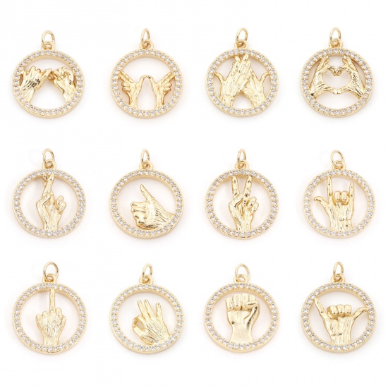 Picture of Brass Charms Gold Plated Gold Plated Round Disc Gesture Micro Pave Clear Cubic Zirconia 24mm x 18mm