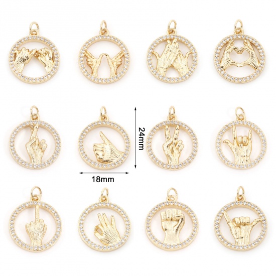 Picture of Brass Charms Gold Plated Gold Plated Round Disc Gesture Micro Pave Clear Cubic Zirconia 24mm x 18mm