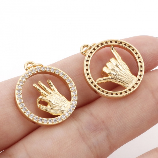 Picture of Brass Charms Gold Plated Gold Plated Round Disc Gesture Micro Pave Clear Cubic Zirconia 24mm x 18mm