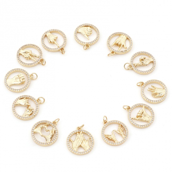 Picture of Brass Charms Gold Plated Gold Plated Round Disc Gesture Micro Pave Clear Cubic Zirconia 24mm x 18mm