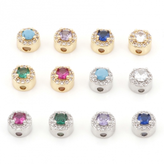 Image de Perles pour DIY Fabrication de Bijoux de Charme en Laiton Plat-Rond Micro Pave à Zirconia Cubique Multicolore 7mm Dia., Trou: Environ 1.6mm, 1 Pièce                                                                                                          