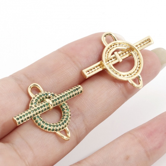 Picture of Brass Connectors Charms Pendants Gold Plated Strip Circle Ring Micro Pave Multicolour Cubic Zirconia 3cm x 2.3cm