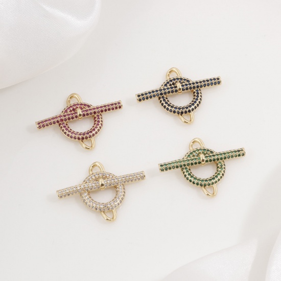 Picture of Brass Connectors Charms Pendants Gold Plated Strip Circle Ring Micro Pave Multicolour Cubic Zirconia 3cm x 2.3cm                                                                                                                                              