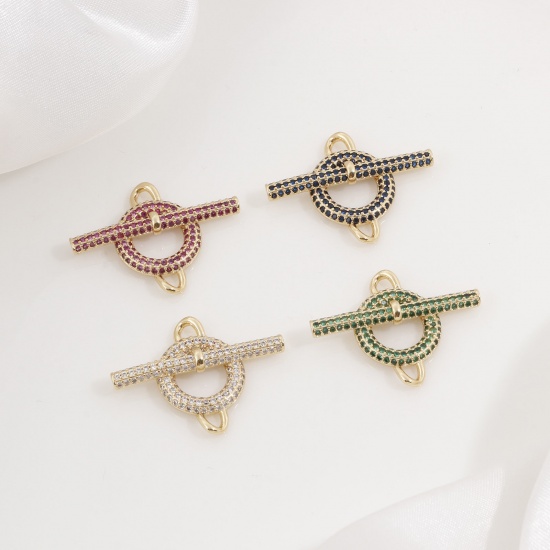 Picture of Brass Connectors Charms Pendants Gold Plated Strip Circle Ring Micro Pave Multicolour Cubic Zirconia 3cm x 2.3cm