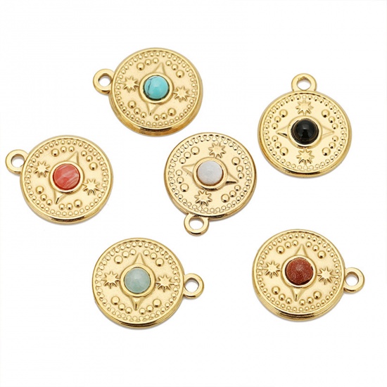 Picture of Eco-friendly Vacuum Plating 304 Stainless Steel & Gemstone Boho Chic Bohemia Charms 18K Gold Plated Multicolor Round Compass 18mm Dia.