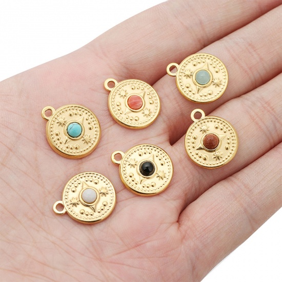 Picture of Eco-friendly Vacuum Plating 304 Stainless Steel & Gemstone Boho Chic Bohemia Charms 18K Gold Plated Multicolor Round Compass 18mm Dia.