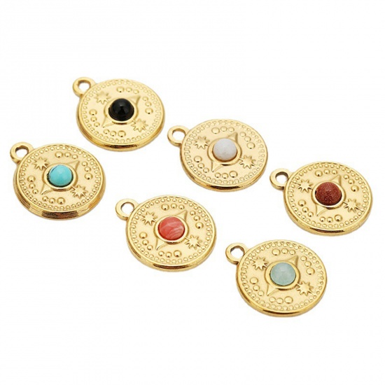 Picture of Eco-friendly Vacuum Plating 304 Stainless Steel & Gemstone Boho Chic Bohemia Charms 18K Gold Plated Multicolor Round Compass 18mm Dia.