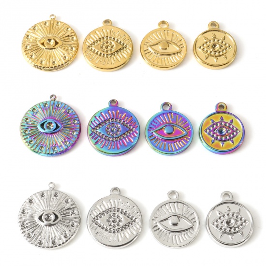 Imagen de Enchapado al Vacío Ecológico 304 Acero Inoxidable Religión Colgantes Charms Ronda Multicolor Ojo de la Providencia/Ojo que Todo lo Ve 2 Unidades