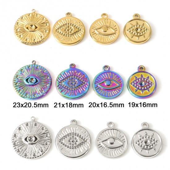 Imagen de Enchapado al Vacío Ecológico 304 Acero Inoxidable Religión Colgantes Charms Ronda Multicolor Ojo de la Providencia/Ojo que Todo lo Ve 2 Unidades