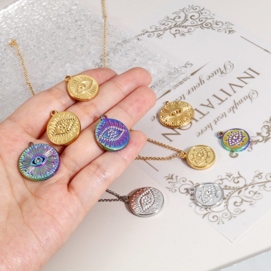Imagen de Enchapado al Vacío Ecológico 304 Acero Inoxidable Religión Colgantes Charms Ronda Multicolor Ojo de la Providencia/Ojo que Todo lo Ve 2 Unidades