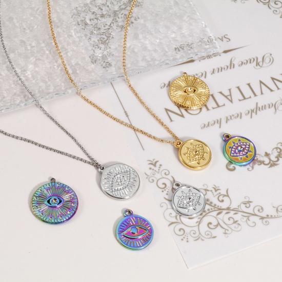 Imagen de Enchapado al Vacío Ecológico 304 Acero Inoxidable Religión Colgantes Charms Ronda Multicolor Ojo de la Providencia/Ojo que Todo lo Ve 2 Unidades